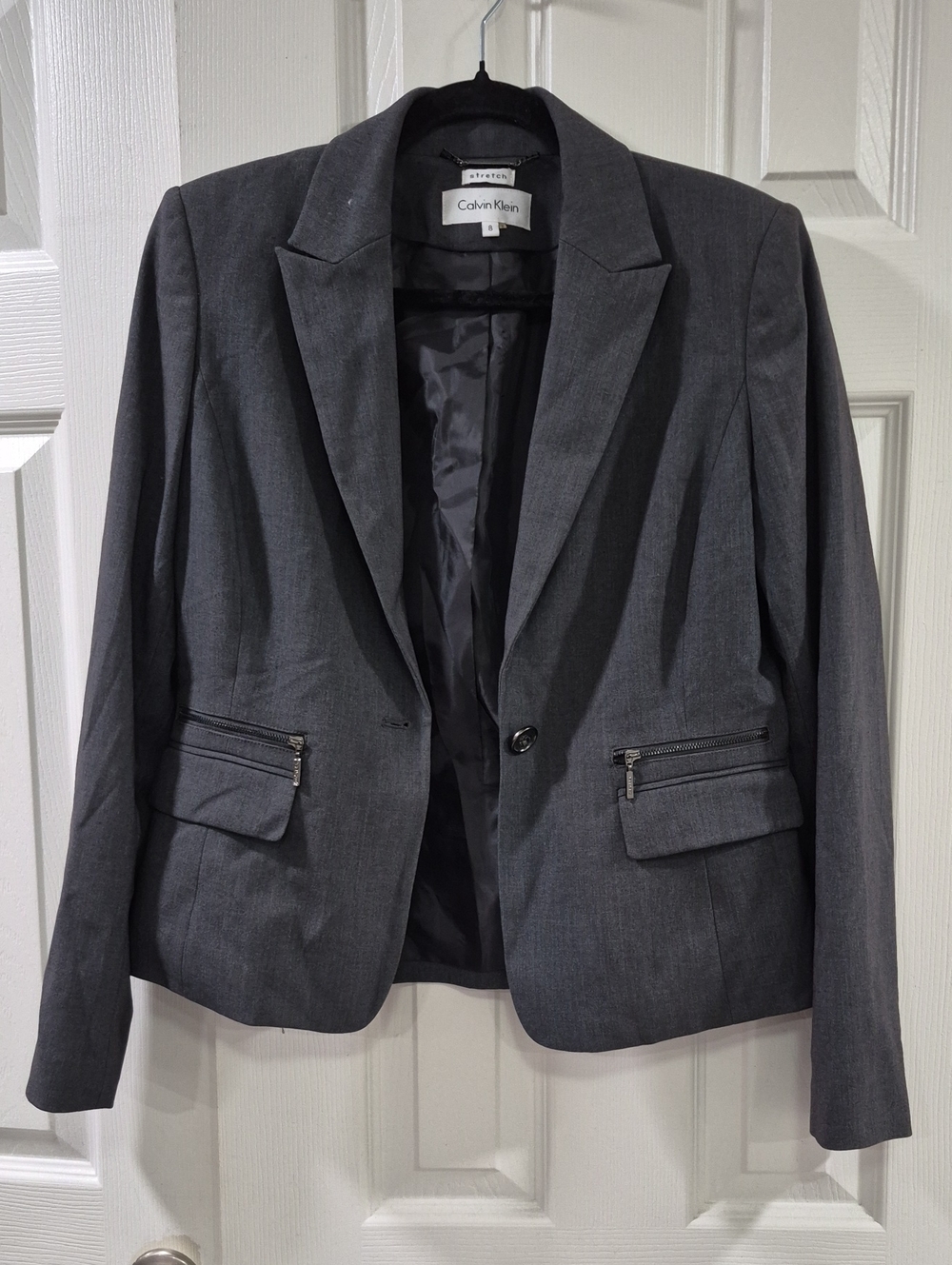 Calvin Klein Charcoal Gray Single-Button Blazer with Zip Flap Pockets